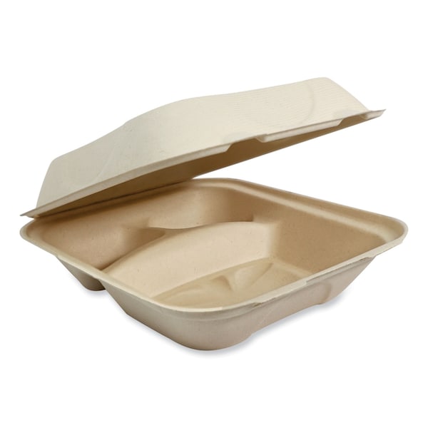 World Centric Fiber Hinged Containers, 3-Compartment, 8.8 x 8.2 x 2.9, Natural, Paper, 300PK TO-SC-U8T-LFP - main